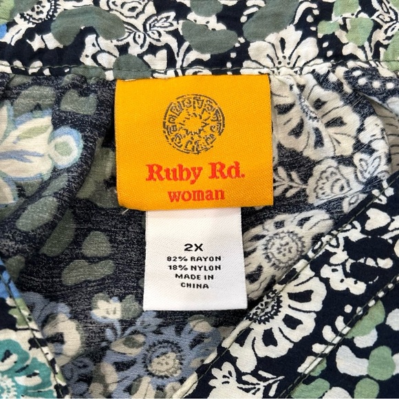 Ruby Rd. Women Peasant Boho Blue Green Patterned Top Plus Size 2X V-Neck Button - Picture 12 of 13